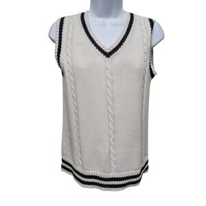 Campure Womens Cable Knit Sweater Vest Cream Navy Blue Striped V-Neck Cotton